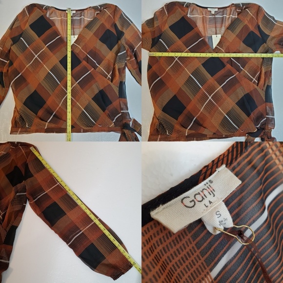 NWT Ganji LA Blouse Black Rust Orange Plaid Sheer - Picture 8 of 8
